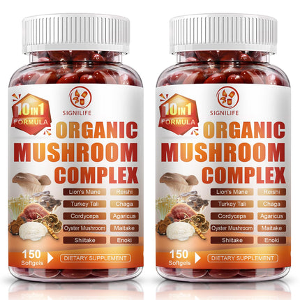 SIGNILIFE 10 in 1 Lions Mane Mushroom Supplement with Turkey Tail, Reishi,Cordyceps, Chaga & More - Brain Supplements for Memory and Focus-300 Softgels
