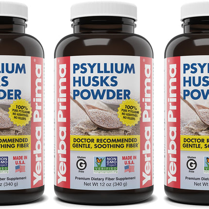 Yerba Prima Psyllium Husks Powder - 12 oz (Pack of 3) - Natural Fiber Supplement - Colon Cleansing - Vegan, Non-GMO, Gluten-Free (New Label - Packaging May Vary)
