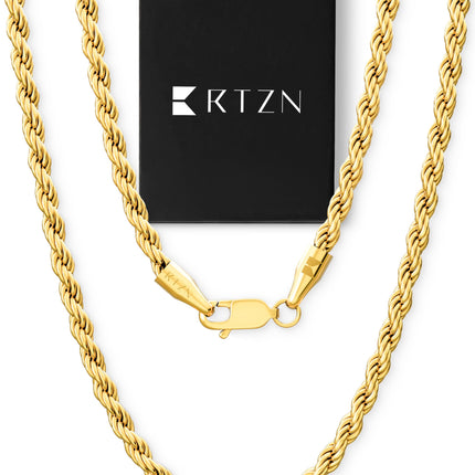 RTZN® Rope Chain for Men – 4mm 18K Gold Mens Rope Chain – Premium Stainless Steel Necklace for Men – Non-Tarnish & Waterproof Gold Mens Chain Necklaces (20'' Inches)