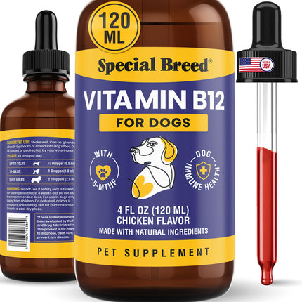 Special Breed Liquid Vitamin B12 for Dogs – Methylcobalamin and 5-MTHF – Boosts Energy, Appetite, Mood & Immune System Support, Easy-to-Use Dropper - Chicken Flavor, 4 fl oz