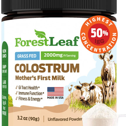 ForestLeaf Colostrum Powder 50% IgG Highest Pure Concentration, Grass Fed Colostrum Supplement for Gut Health, Immune Support and Muscle Recovery, Bovine Colostrum for Humans, Unflavored, 45 Servings