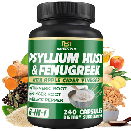 BMVINVOL Psyllium Husk Fiber Supplement with Fenugreek, Apple Cider Vinegar, Turmeric, Ginger, Black Pepper- Digestion Health Support - 240 Capsules