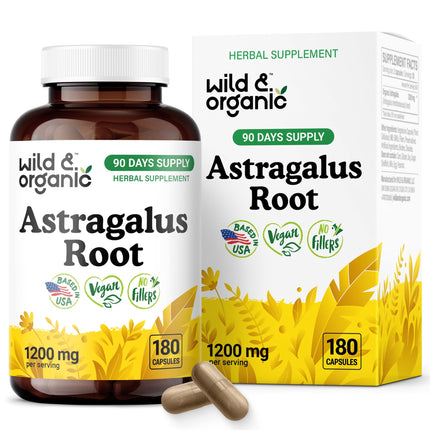Wild & Organic Astragalus Capsules 1200 mg - Immune Support - Astragalus Root Powder Supplement - 90 Days of Supply - Vegan, No Fillers, Non-GMO - 180 Count
