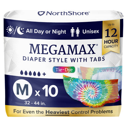 NorthShore MegaMax 12-Hour HBL Adult Diapers for Heavy Bladder Leaks, Medium, 10 Count, Tie-Dye, 32-44 inches, Tab-Style Incontinence Underwear for Men, Women & Teens