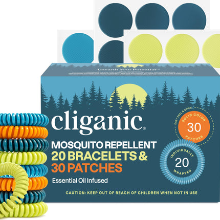 Cliganic Mosquito Repellent Bracelet Stickers Pack for Kids & Adults Multi Color, Natural DEET-Free, Essential Oil Infused 20 Bands with 30 Patches, Citronella Scent