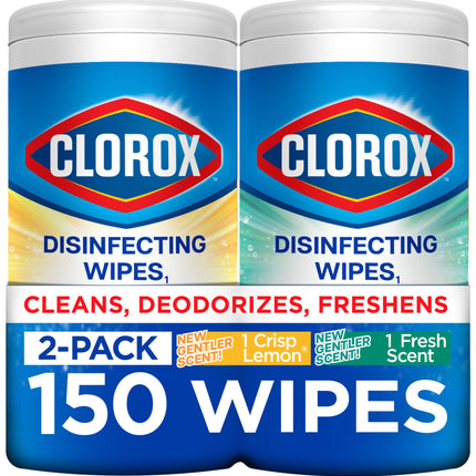 Clorox Disinfecting Cleaning Wipes for Spring Cleaning & Allergy Season, Bleach Free, Fresh Scent and Crisp Lemon, 75 Count Each, Pack of 2