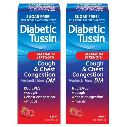 Diabetic Tussin DM Maximum Strength Cough Medicine with Chest Congestion Relief - 8 Fl oz - Liquid Cough Syrup, Safe for Diabetics, Berry Flavored (Pack of 2)