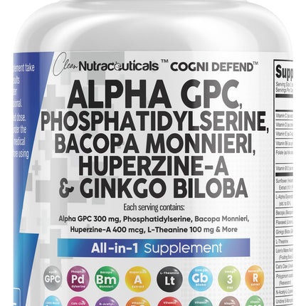 Brain Supplement Alpha GPC 300mg Phosphatidylserine Bacopa Monnieri Ginkgo Biloba Lions Mane Huperzine A L-Theanine NAC Nootropic Memory Focus Cognitive Support Vitamins B C D E 60 Capsules USA