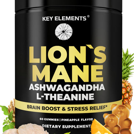 High Strength Extract Organic Lion's Mane Mushroom Gummies with Ashwagandha & L-Theanine - Potent Lion's Mane Brain Supplements for Memory & Relaxation - Mushroom Gummies for Focus