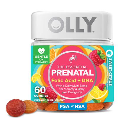 OLLY Prenatal Multivitamin Gummy, Daily Multi Blend for Mommy & Baby, Folic Acid, Omega 3 DHA, Vitamins A & D, Sweet Citrus Flavored, 30 Day Supply - 60 Count