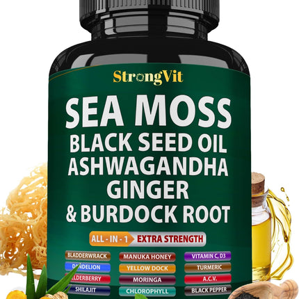 Sea Moss Black Seed Oil Ashwagandha Ginger, Organic Sea Moss Capsules with Burdock Root, Irish Seamoss Pills with Bladderwrack, Turmeric, Shilajit, Multimineral Supplement, USA (120 Capsules)