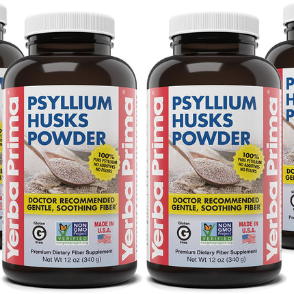 Yerba Prima Psyllium Husks Powder - 12 oz (Pack of 4) - Natural Fiber Supplement - Colon Cleanse - Gut Health - Vegan, Non-GMO, Gluten-Free (New Label - Packaging May Vary)