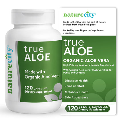 NatureCity TrueAloe Organic Aloe Vera Capsules - Supports Digestive Balance, Joints and Stomach Comfort - Plant-Based Aloe Barbadensis Powder - Easy-to-Swallow Single Ingredient Formula - 120 Caps