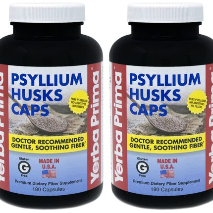 Yerba Prima Psyllium Husk Caps - 180 Capsules (Pack of 2) - Easy to Swallow Fiber Supplement - Colon Cleanse - Gut Health - Non-GMO Gluten Free