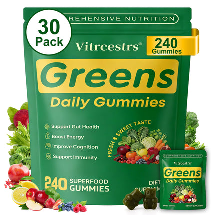 Greens Daily Gummies, Super Greens Gummies for Adults Superfood Multivitamin Gummy with Spirulina, Chlorella, Prebiotic Fiber, Fruit Veggie for Digestive & Gut Health, Adaptogens Supplement, 240 Count