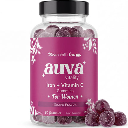 Auva Vitality Iron Gummies for Women — Non-Constipating | Ferrous Fumarate 20mg + Vitamin C | Energy, Anemia & Iron Deficiency Support | Hair Health, Menstrual & Menopause | Grape Flavor, 60 Count