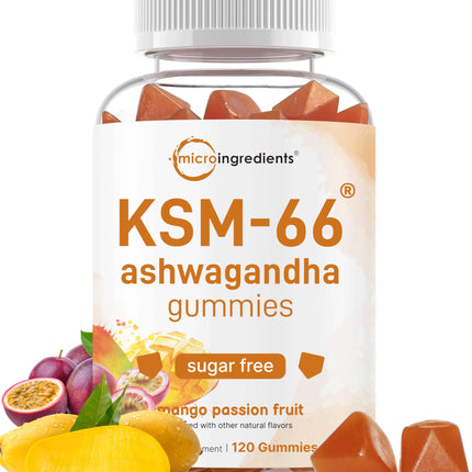 Micro Ingredients KSM-66 Ashwagandha Gummies, 120 Count | Sugar Free Mango Passion Fruit Flavor | Potent Root Extract | Stress, Relaxation, & Sleep Support* | Non-GMO