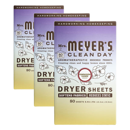 MRS. MEYER'S CLEAN DAY Dryer Sheets, Fabric Softener, Reduces Static, Infused with Essential Oils, Compassion Flower, 80 Count (Pack of 3)