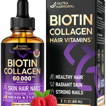 Liquid Biotin & Collagen 60,000 mcg - Vitamins for Hair Growth Support - Extra Strength Drops for Women & Men - Liquid Collagen Supplement - Strong Nails & Healthy Skin - Made in USA - 2 Fl Oz