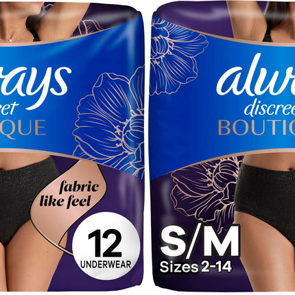 Always Discreet Boutique Low-Rise Postpartum Incontinence Underwear Size S/M Maximum Absorbency, Up to 100% Leak Protection, Black, 12 Count (Pack of 2)