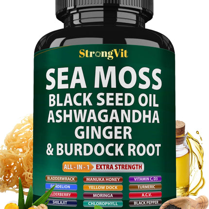 StrongVit Sea Moss Black Seed Oil Ashwagandha Ginger, Organic Sea Moss Capsules with Burdock Root, Irish Seamoss Pills with Bladderwrack, Advanced Multimineral Supplement, USA