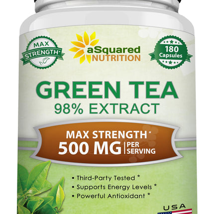 aSquared Nutrition Green Tea Extract with EGCG – 180 Capsules – 500mg per Capsule – 75% Polyphenols, 45% EGCG – Antioxidant Support, Heart Health, Natural Detox – Low Caffeine Supplement
