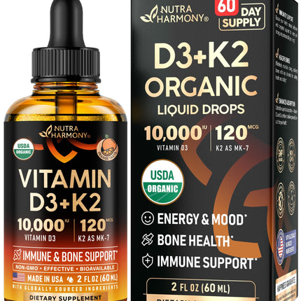 Vitamin D3 K2 USDA Organic Drops - Vitamin D3 10000 IU & K2 as MK-7 120mcg - Immune & Mood Support, Bone & Teeth Health - Sugar-Free Orange Flavor - Liquid Supplement - Made in USA - 2 FL OZ, 60 Days