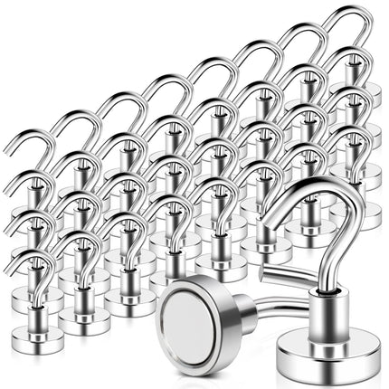 MAGXCENE 32 Pack Magnetic Hooks Heavy Duty, 25 lbs Strong Magnet Hooks for Cruise Refrigerator, Neodymium Magnets with Hooks for Grill Hanging Kitchen Tool Storage