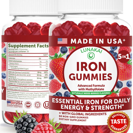 Lunakai USA Made Vegan Iron Gummies 5-in-1 with Methylfolate, Vitamin C, E & B12 - Daily Chewable Iron Supplement for Women, Men & Kids - Energy & Blood Health Support, Non-GMO, 60ct