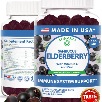 Lunakai USA Made Black Sambucus Elderberry Gummies for Adults & Kids with Vitamin C & Zinc - Immune Support, Antioxidants, Non-GMO, 60 Gummies