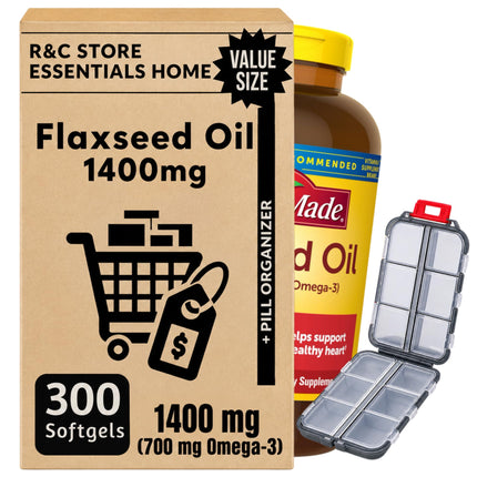 R&C Store Bundle: Nature Flaxseed Oil Capsules 1400mg (300 Softgels) | Plant-Based Omega-3 ALA + + Pill Organizer Case | Gluten Free