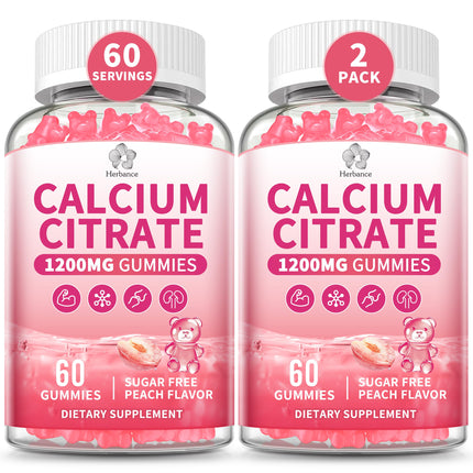 Pure Calcium Citrate 1200 mg Gummies for Adults Kids, High Absorption Calcium Supplements for Women & Men, Sugar Free, Non-GMO, Gluten Free, Supports Bone,Teeth,Muscle & Immune - Peach Flavor, 2 pack.