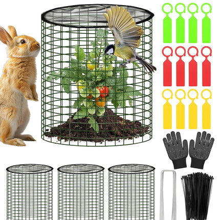 Plant Protector from Animals with Detachable Covers - 4 Pack 16”x 16" Wire Cage Cloches with Ground Stakes and Tools for Protecting Vegetable, Flower, Seedling