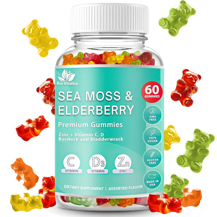 BIO VITALICA Irish Sea Moss Gummies with Elderberry – USA Made Vegan Gummies with Vitamin C, D & Zinc – Immune Support Supplement with Bladderwrack & Burdock Root for Adults & Kids – 60 Count
