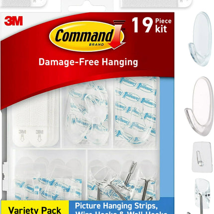 Command Clear Variety Pack, Including 8 Pairs of Picture Hangers, 4 Clear Wire Hooks and 11 Wall Hook for Hanging Back to School Dorm Organizers, Damage-Free Hanging Up to 19 Items
