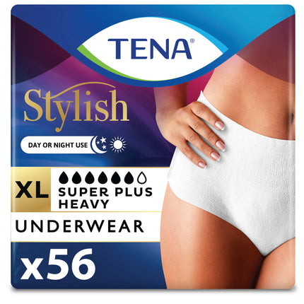 TENA Stylish White Incontinence Underwear for Women, Super Plus Heavy Absorbency, XL, 56 Count