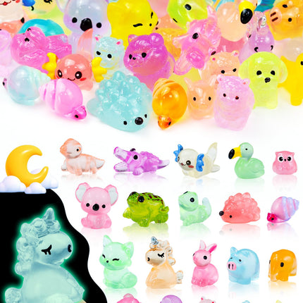 FIVEIZERO 100PCS Luminous Mini Resin Terrestrial Animals Bulk - 20 Styles Glow in The Dark Plastic Tiny Land Animal Figures for Dollhouse, Fairy Garden, Aquarium, Party Favors & DIY Craft Decor