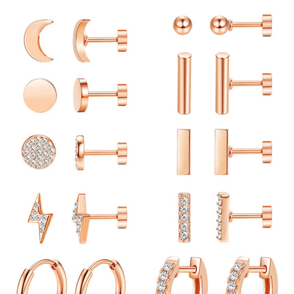 FASACCO 10Pairs Flat Back Earrings for Women Men - Hypoallergenic 14K Gold Plated Stainless Steel Flatback Stud Small Huggie Hoop Earrings 20G Tiny Gold Stud Earring Sets for Multiple PIercing Rose
