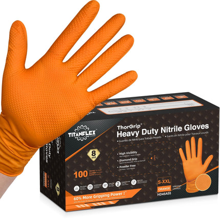 TitanFlex Heavy Duty Industrial Orange Nitrile Gloves, 8-mil, Gloves Disposable Latex Free with Raised Diamond Texture Grip, Powder Free, Rubber Glove, Mechanic Gloves,100-ct Box (XL)
