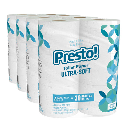 Amazon Brand - Presto! 2-Ply Ultra-Soft Toilet Paper, Septic-Safe, 24 Family Mega Rolls = 120 Regular Rolls, 308 Sheets, Unscented, Pack of 4