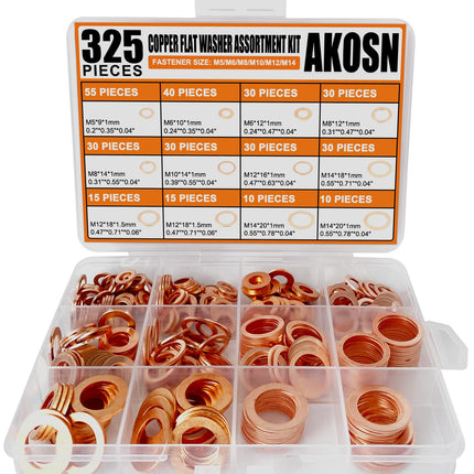 325 PCS Crush Copper Washers Assortment Kit; 10 Size Flat Sealing Copper Washers (M5-M14) for Electronic, Automotive, Motorcycles, Marine and Mechanical Use