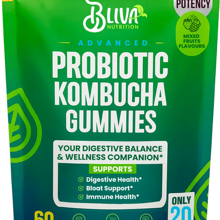 BLIVA Probiotic Kombucha Gummies - Prebiotics, Probiotics, Postbiotics, Slippery Elm Bark & Fiber - Probiotics Gummy Supplement for Men & Women - 60 Gummies