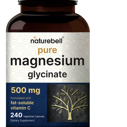 Naturebell Pure Magnesium Glycinate 500mg, 240 Veggie Capsules | 100% Chelated & Purified – 3rd Party Tested, Vegan Friendly, Non-GMO, Fiiler Free