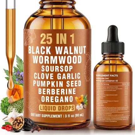 NOQONME 25-in-1 Liposomal Black Walnut Wormwood Clove Herbal Tincture, Cleanse Formula with Garlic, Oregano, Pumpkin Seed & Berberine – Lymphatic Support & Gut Health – 90ml
