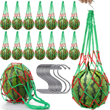Irenare 15 Pack Melon Hammocks Cradles with S Hanging Hooks Heavy Duty Watermelon Hammock Net to Prevent Falling for Growing Cantaloupe Pumpkin Watermelon in Vertical Garden (Red,Green)