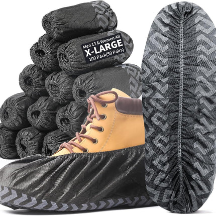 X-Large 50 Pack Shoe Covers Disposable Non-Slip, Black Non-Woven Fabric Boot Covers, Stretchable Fits Up to Size 13 US Men (Black, 100 Pack)