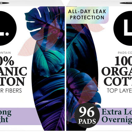 L. Ultra Thin Pads for Women, Overnight Absorbency, Organic Cotton Top Layer, Unscented Pads with Wings,96 Count (Pack of 2)