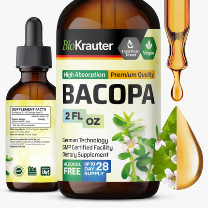 BIO KRAUTER® Bacopa Monnieri - Liquid Drops Bacopa Extract (Brahmi Powder) 650 mg per Serving 2 Fl.Oz 28-Day Supply - Pure Vegan Brain Supplement, Supports Calm, Focus & Memory - Alcohol & Sugar Free