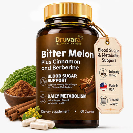 Druvara Bitter Melon Capsules with Berberine & Cinnamon, Sugar Balance, Metabolic Health & Steady Energy, with Extra Strength Bitter Melon Extract, Clean Formula, 60 Capsules