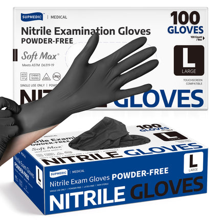 Supmedic Soft Max Disposable Nitrile Exam Gloves, Powder-Free Black 100 (L)